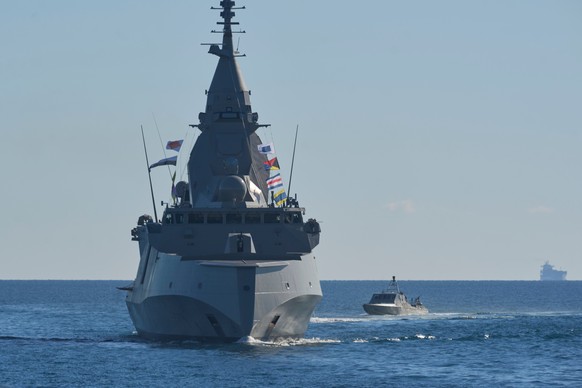 Kimon, the first of four modern French-built frigates, as part of Greece's major military modernization program, sails at the Saronic Golf seen from Piraeus, near Athens, Greece, Thursday, Jan. 1 ...