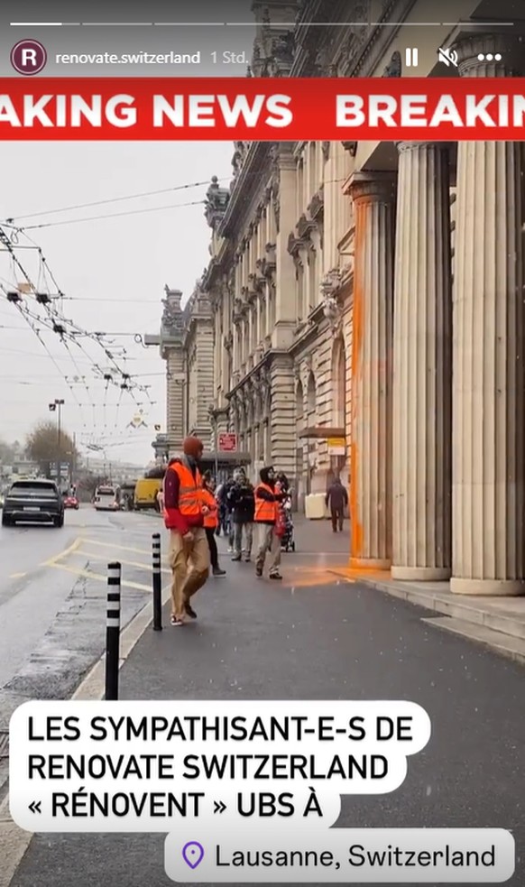 Die UBS in Lausanne wird am Montag von Klimaaktivisten «renoviert».