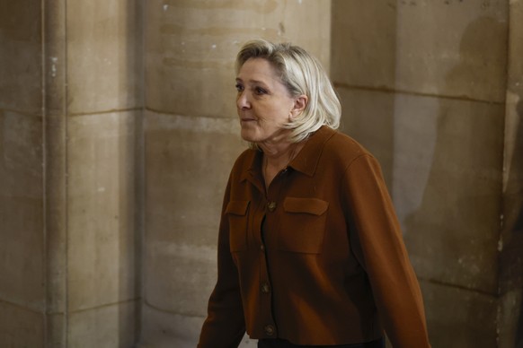 epa12702327 Rassemblement National (RN) parliamentary party leader Marine Le Pen returns at the Paris courthouse after a break on the day of the prosecution's closing arguments in the appeal tria ...