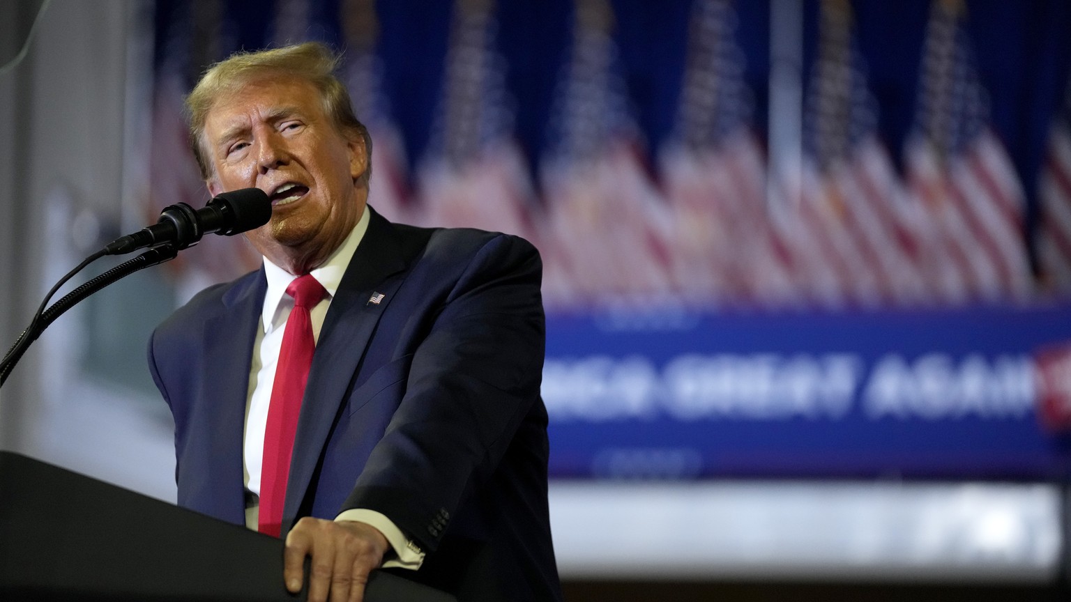 Republican presidential candidate former President Donald Trump speaks at a Get Out The Vote rally at Coastal Carolina University in Conway, S.C., Saturday, Feb. 10, 2024. (AP Photo/Manuel Balce Cenet ...