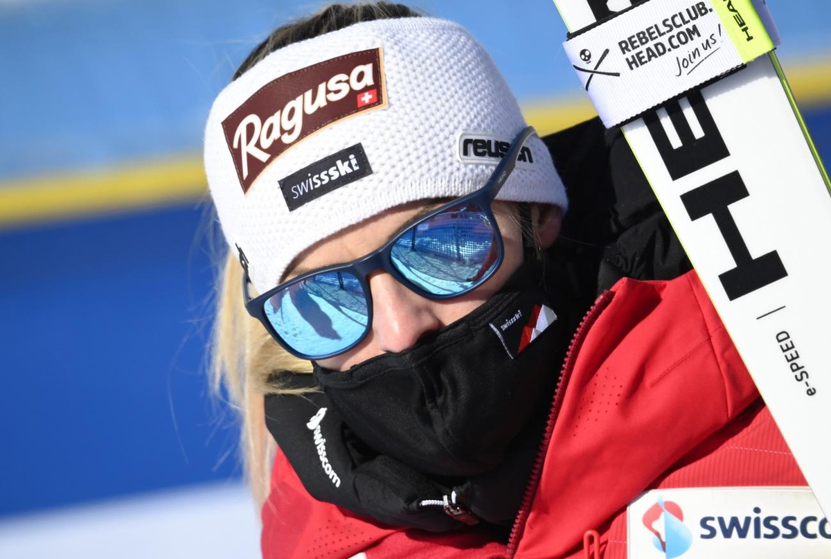 epa09003719 Lara Gut-Behrami of Switzerland reacts in the finish area during the Women's Super G race at the Alpine Skiing World Championships in Cortina d'Ampezzo, Italy, 11 February 2021.  ...