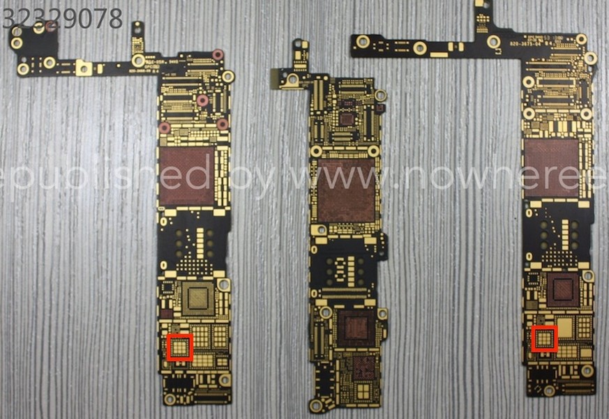 Hier sehen wir angeblich die Hauptplatinen des iPhone 6 mit 4,7 Zoll, des iPhone 5S und des iPhone 6 mit 5,5 Zoll (von links).