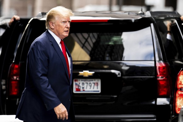 Former President Donald Trump departs Trump Tower, Wednesday, Aug. 10, 2022, in New York, on his way to the New York attorney general&#039;s office for a deposition in a civil investigation. (AP Photo ...