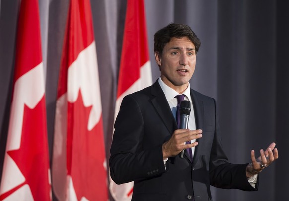 Canadian Prime Minister Justin Trudeau addresses supporters during a Liberal Party fundraiser in Surrey, British Columbia, Sunday, Aug. 4, 2019. (Darryl Dyck/The Canadian Press via AP)