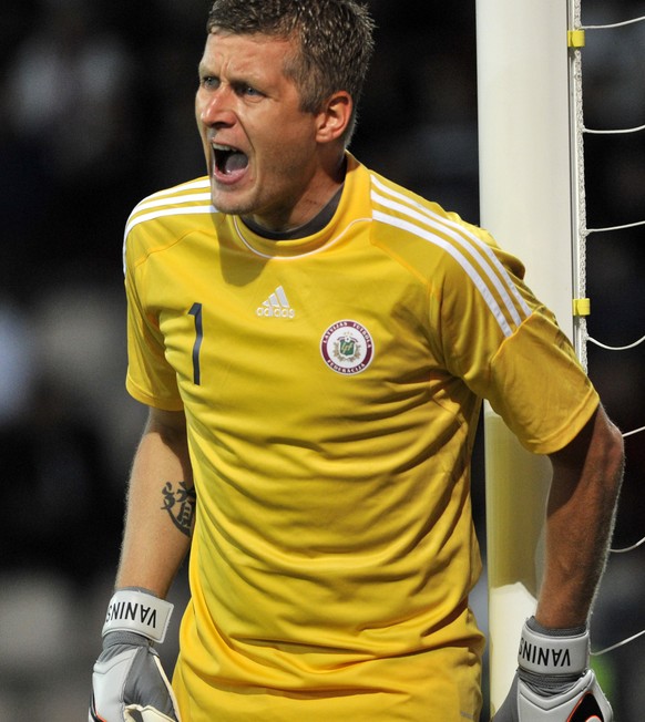 Latvia&#039;s goalkeeper Andris Vanins shouts during a Euro 2016 qualifying Group A soccer match between Latvia and Czech Republic in Riga, Latvia, Sunday, Sept. 6, 2015. (AP Photo/Roman Koksarov)