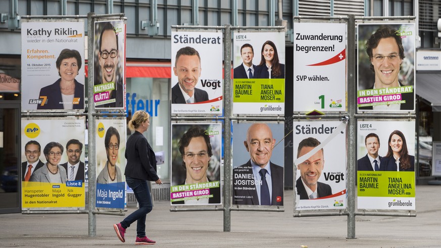 Wahlplakate der Zuercher Kandidaten fuer die National- und Staenderatswahlen im Oktober: Kathy Riklin der CVP, Balthasar Glaettli der Gruenen, Hans-Ueli Vogt der SVP, Martin Baeumle und Tiana Angelina ...