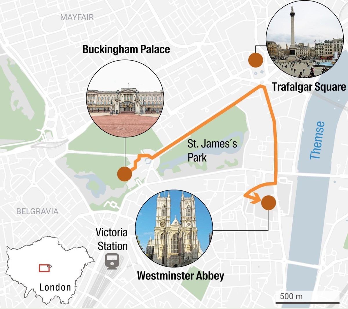 Route der Königs-Prozession nach Westminster Abbey.