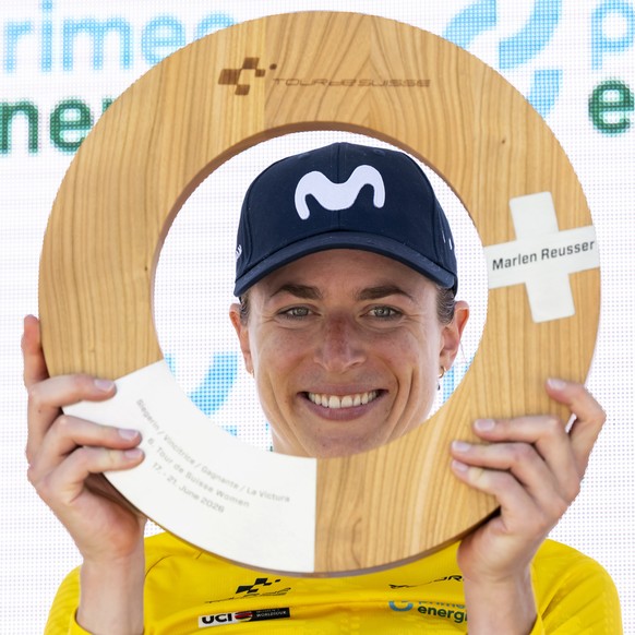 epa13053795 The winner of the Tour de Suisse Marlen Reusser from Switzerland of Movistar Team celebrates during the podium ceremony after the fifth and final stage of the Tour de Suisse Women, a 100 k ...