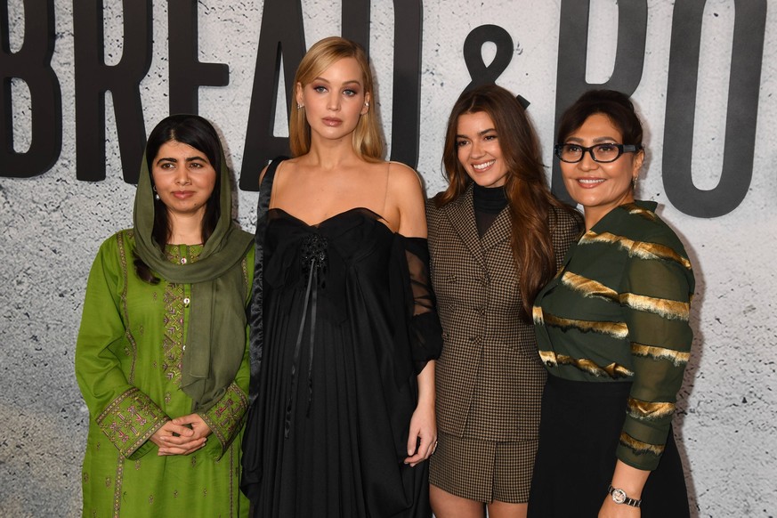 WESTWOOD, CA - NOVEMBER 14: Malala Yousafzai, Jennifer Lawrence, Justine Ciarrocchi and Sahra Mani at the LA premiere of Bread &amp; Roses at the Hammer Museum on November 14, 2024 in Los Angeles, Cal ...