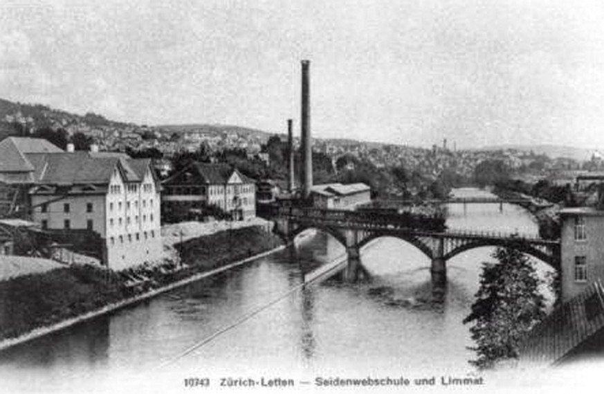 Letten 1910: die Seidenwebschule und das Eisenbahnviadukt Richtung Letten.<br data-editable="remove">