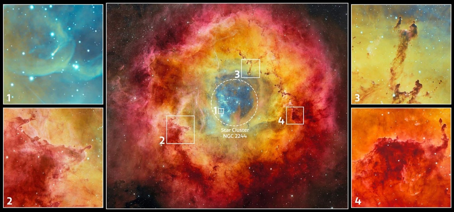 This excerpt shows some of the interesting features of the Rosette Nebula. The dashed circle highlights the nebula's central star cluster, NGC 2244. The hazy smudge at the center of NGC 2244 is t ...