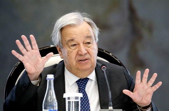 epa11451703 United Nations Secretary-General Antonio Guterres gestures as he speaks during a meeting with Kyrgyz President Sadyr Japarov (not pictured) in Bishkek, Kyrgyzstan, 02 July 2024. The UN Sec ...