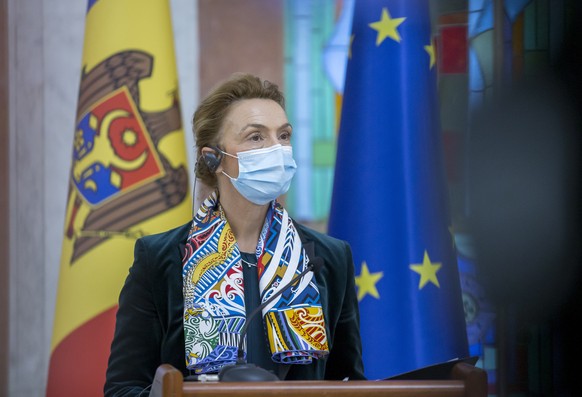 epa09597701 Marija Pejcinovic Buric, the Secretary General of the Council of Europe, speaks at a briefing with the President of Moldova Maia Sandu (not seen), during her official visit in Chisinau, Mo ...