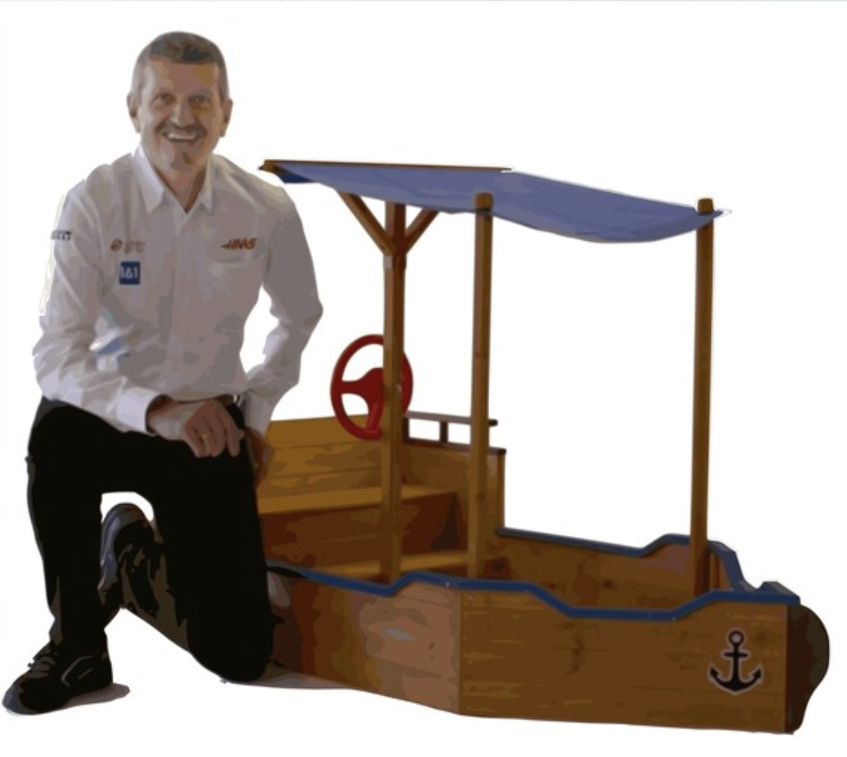 Steiner mit einem Spielzeugboot.