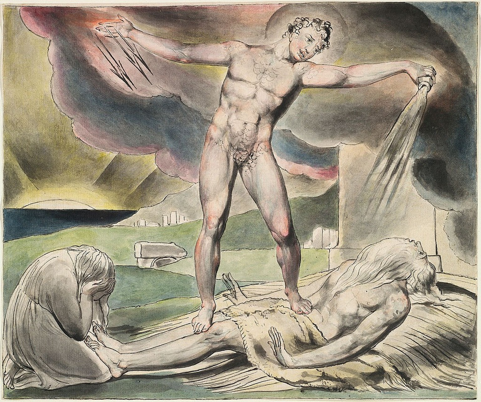 Satan schüttet die Plagen über Hiob aus (Aquarell von William Blake)
https://de.wikipedia.org/wiki/Ijob#/media/Datei:Blake_Book_of_Job_Linell_set_6.jpg