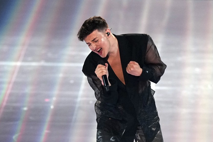 Remo Forrer of Switzerland performs during the Grand Final of the Eurovision Song Contest in Liverpool, England, Saturday, May 13, 2023. (AP Photo/Martin Meissner)