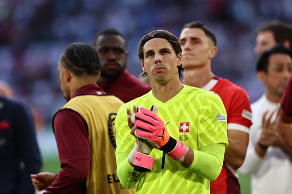 epa11463412 Goalkeeper Yann Sommer of Switzerland greets their supporters after losing the UEFA EURO 2024 quarter-finals soccer match between England and Switzerland, in Dusseldorf, Germany, 06 July 2 ...