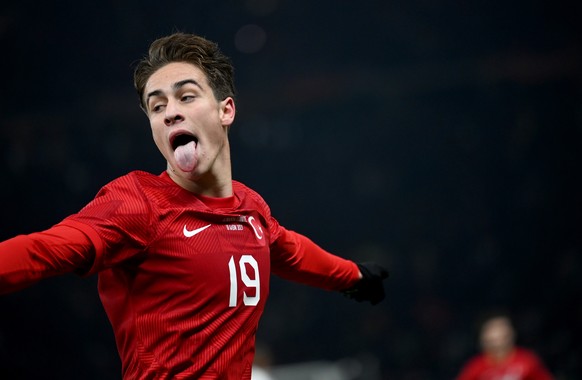 epaselect epa10983441 Turkey&#039;s Kenan Yildiz celebrates after scoring 1-2 during the international friendly soccer match between Germany and Turkey in Berlin, Germany, 18 November 2023. EPA/FILIP  ...