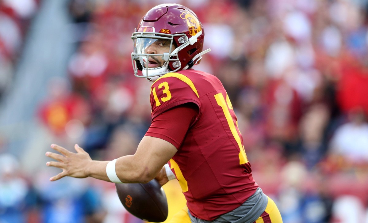 NCAA, College League, USA Football: UCLA at Southern California Nov 18, 2023 Los Angeles, California, USA USC Trojans quarterback Caleb Williams 13 throws during the second quarter against the UCLA Br ...