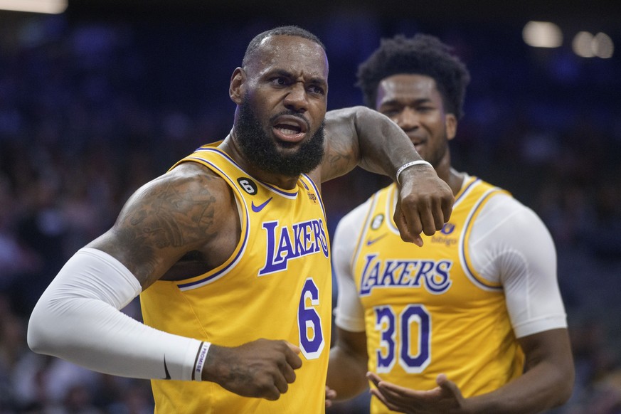 Los Angeles Lakers forward LeBron James (6) argues briefly with on official during the first quarter of the team&#039;s preseason NBA basketball game against the Sacramento Kings in Sacramento, Calif. ...