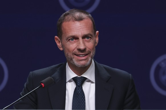 epa12731084 UEFA President Aleksander Ceferin attends the press conference following the 50th UEFA Ordinary Congress in Brussels, Belgium, 12 February 2026. EPA/CHRISTOPHER NEUNDORF