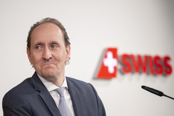 Dieter Vranckx, CEO Swiss, informiert an der Jahresmedienkonferenz der Fluggesellschaft Swiss International Air Lines, aufgenommen am Donnerstag, 7. Maerz 2024 in Kloten Zuerich. (KEYSTONE/Ennio Leanz ...