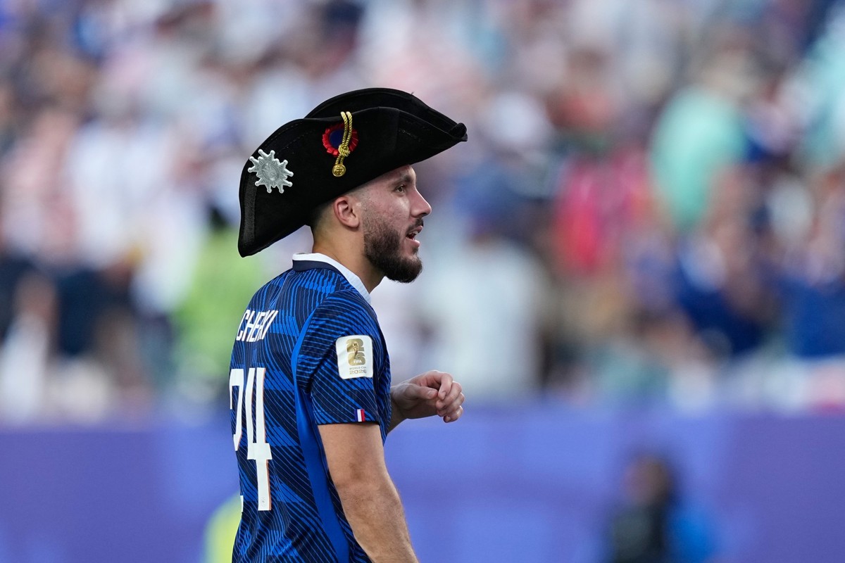 Rayan Cherki celebrates wearing a hat after France defeated Paraguay in World Cup round of 16 soccer match in Philadelphia, Saturday, July 4, 2026. (AP Photo/Matt Slocum)