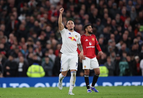 epa12887876 Noah Okafor of Leeds celebrates scoring the 0-2 goal during the English Premier League match between Manchester United and Leeds United, in Manchester, Britain, 13 April 2026. EPA/ADAM VAU ...