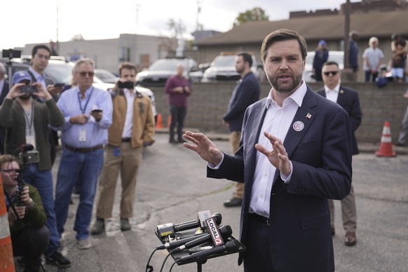 Republican vice presidential nominee Sen. JD Vance, R-Ohio, speaks outside after voting at the St Anthony of Padua Maronite Catholic Church on election day, Tuesday, Nov. 5, 2024, in Cincinnati. (AP P ...