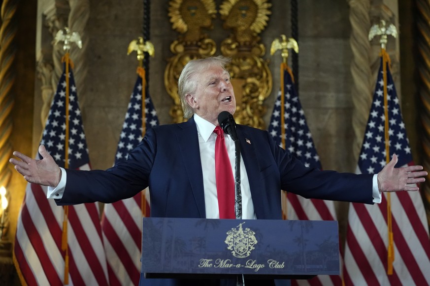 Republican presidential nominee former President Donald Trump speaks to reporters during a news conference at his Mar-a-Lago estate Thursday, Aug. 8, 2024, in Palm Beach, Fla. (AP Photo/Alex Brandon)
 ...