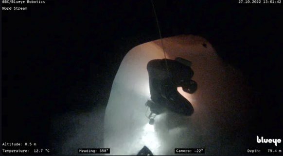 Underwater drone shot: The pipelines were badly damaged by the explosives.
