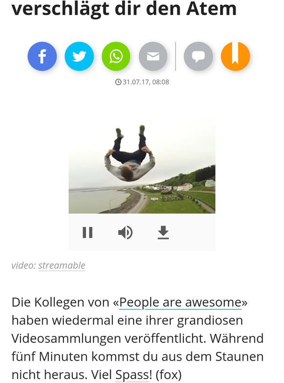 «People are awesome!» Dieses 5-Minuten-Video verschlägt dir den Atem
Der Videoplayer von Watson verschlägt mir den Atem. Wer braucht schon eine Vollbild Funktion. Oder liegt das nur an melnem Handy?