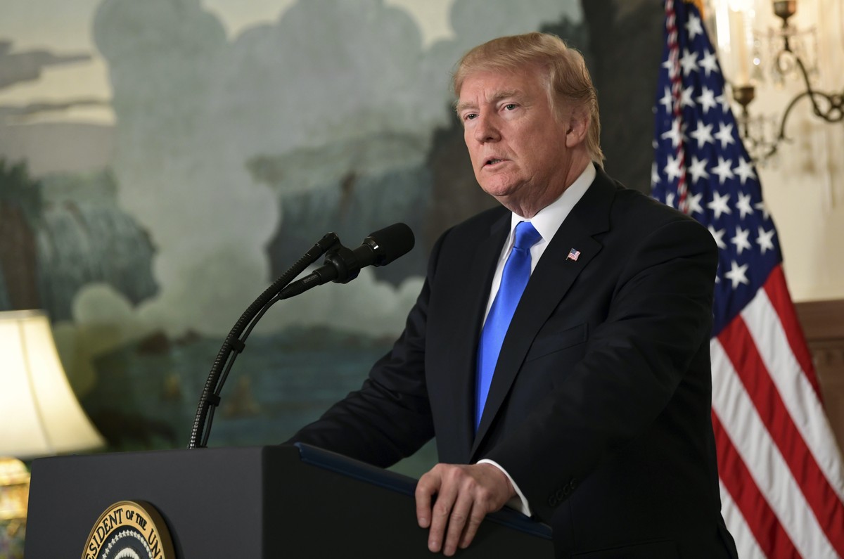 President Donald Trump speaks about Iran from the Diplomatic Reception Room at the White House in Washington, Friday, Oct. 13, 2017. Trump says Iran is not living up to the "spirit" of the n ...