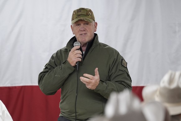 FILE - Incoming U.S. Border Czar Tom Homan talks to state troopers and national guardsmen taking part in Operation Lone Star at a facility on the U.S.-Mexico border, Nov. 26, 2024, in Eagle Pass, Texa ...