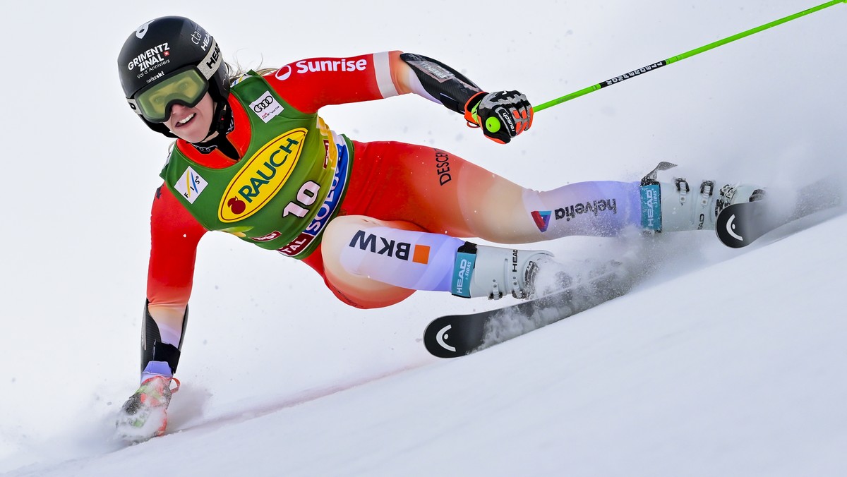 Camille Rast from Switzerland in action during the first run of the Womens Giant Slalom race of the FIS Alpine Ski World Cup season opener on the Rettenbach glacier, in Soelden, Austria, on Saturday, ...