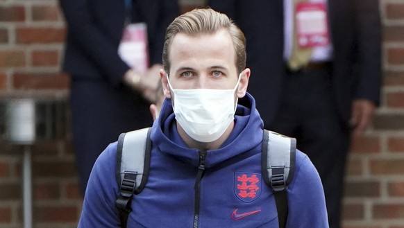 England&#039;s captain Harry Kane with the team leave the Grove Hotel, Hertfordshire, England, and head to Wembley Stadium for the Euro 2020 soccer championship final match between England and Italy S ...