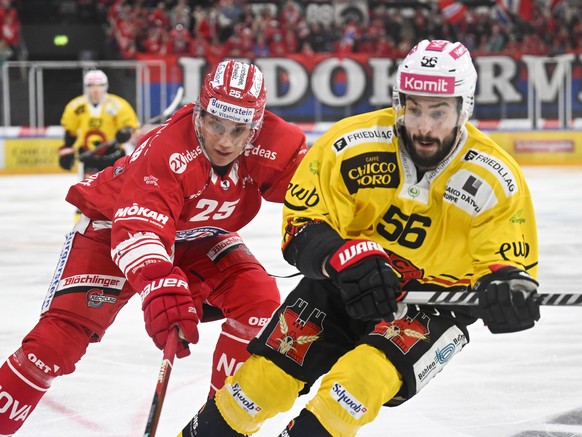 Der Rapperswiler Nando Eggenberger, links, gegen Berns Christian Pinana, im Eishockeyspiel der National League zwischen den Rapperswil-Jona Lakers und dem SC Bern, am Freitag, 24. Februar 2023, in der ...