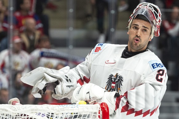 Austria`s goalkeeper Bernhard Starkbaum during the game between Russia and Austria, at the IIHF 2019 World Ice Hockey Championships, at the Ondrej Nepela Arena in Bratislava, Slovakia, on Sunday, May  ...