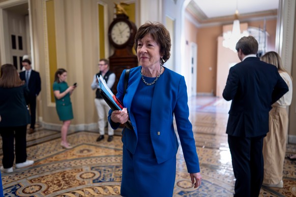 Senate Appropriations Committee Chair Susan Collins, R-Maine, walks to the chamber after meeting behind closed doors with fellow Republicans on the Homeland Security budget stalemate, at the Capitol i ...