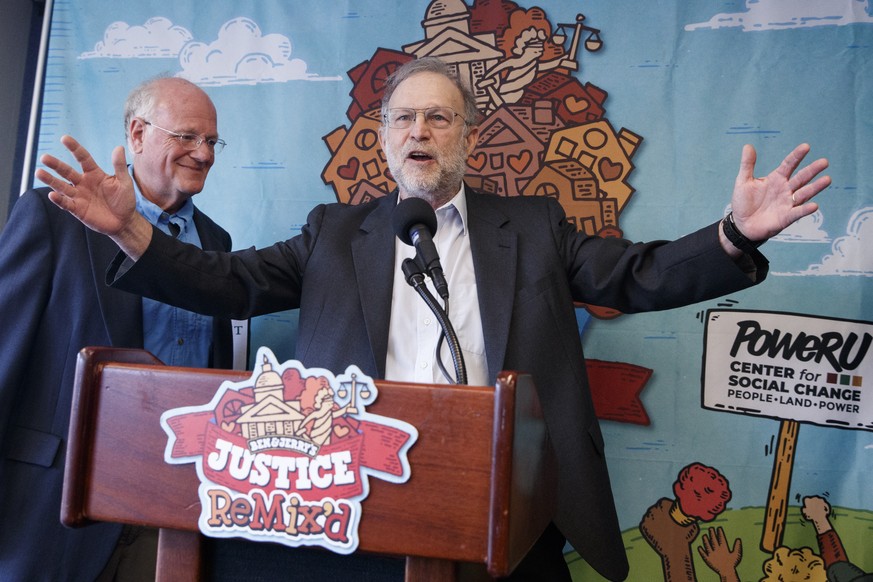 epa07815350 Ben Cohen (L) and Jerry Greenfield (R), Co-Founders of Ben &amp; Jerry&#039;s, unveil the company&#039;s newest flavor Justice ReMix&#039;d during a press conference in the National Press  ...