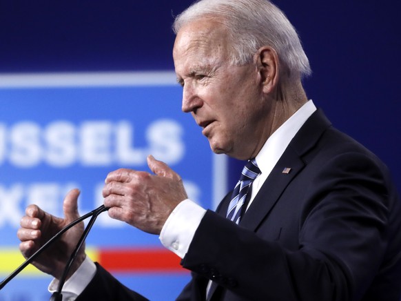 epa09271725 US President Joe Biden gives a press conference during a NATO summit at the North Atlantic Treaty Organization (NATO) headquarters in Brussels, Belgium, 14 June 2021. The 30-nation allianc ...