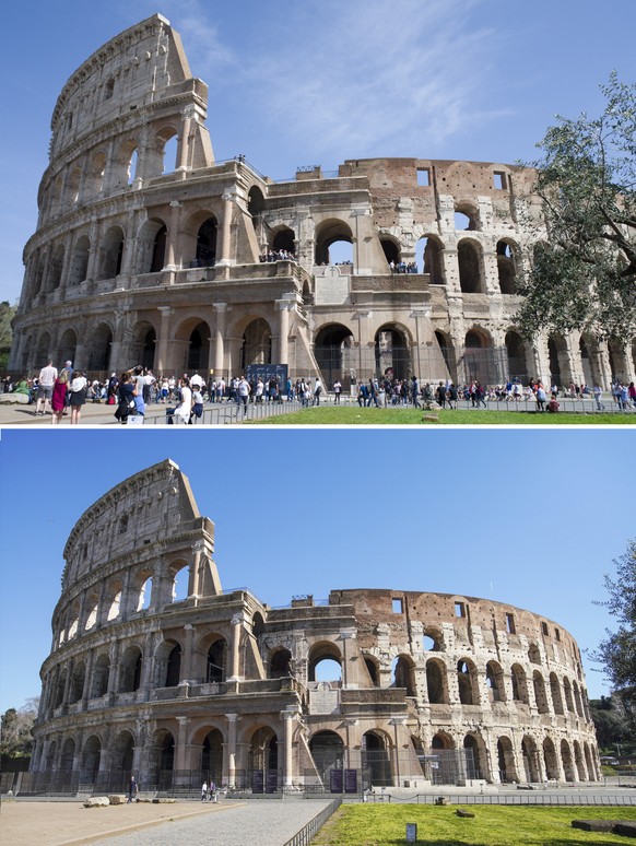 FILE - This combo of two images shows Rome&#039;s ancient Colosseum, top, at 12.49gmt on Sunday April 8, 2018, and at 13.00gmt of Wednesday, March 11, 2020. Italy&#039;s grave outbreak of coronavirus  ...