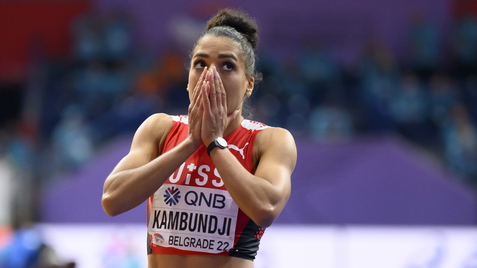 Mujinga Kambundji of Switzerland, celebrates winning gold medal, after the Women&#039;s 60 Metres Final, at the World Athletics Indoor Championships, at the Stark Arena in Belgrade, Serbia, Friday, Ma ...