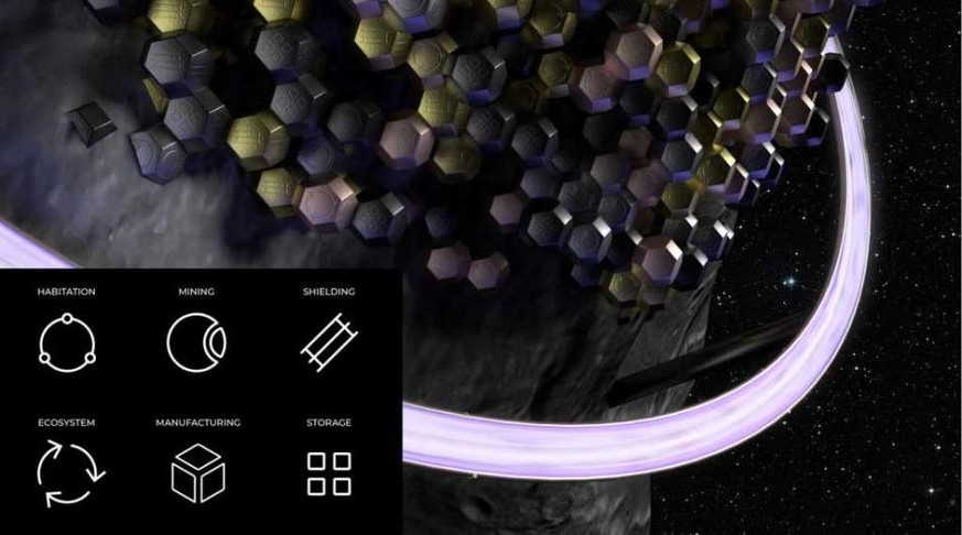 3D-Modell eines Asteroiden-Raumschiffs von DSTART mit Modulen.