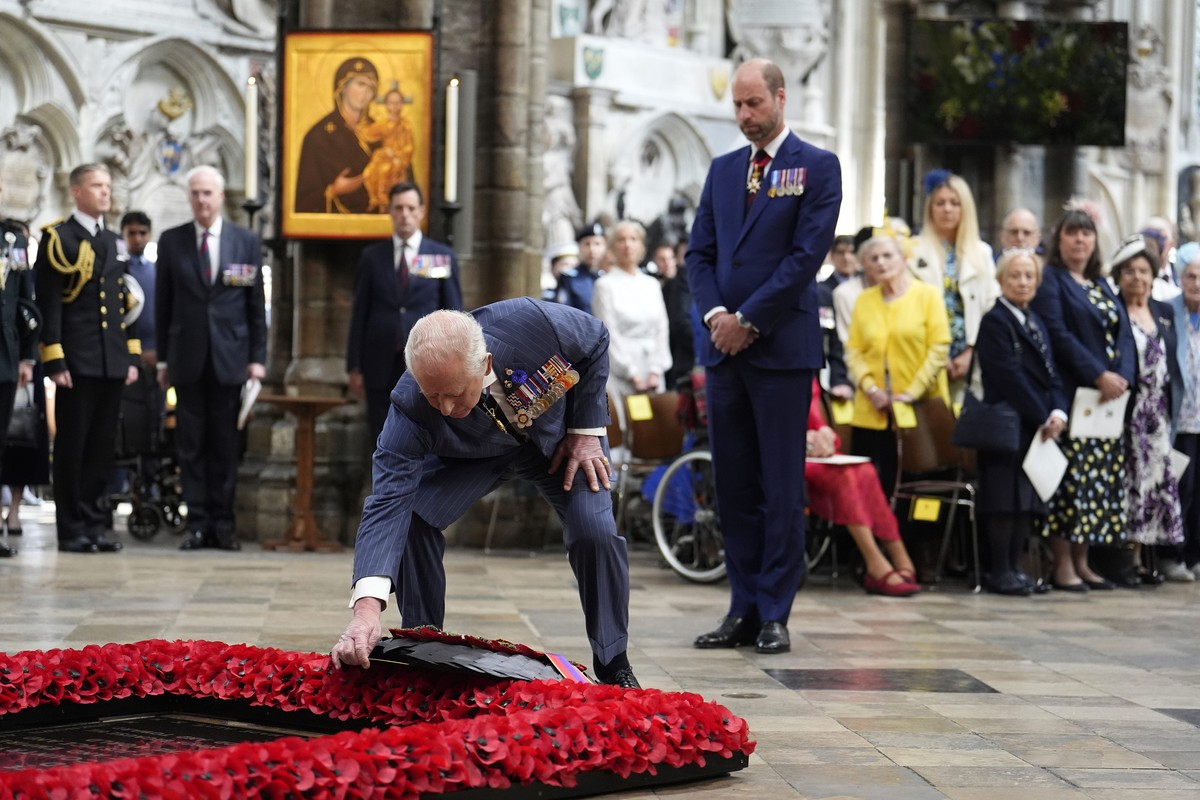 Britain's King Charles III, centre, and Prince William attend a Service of Thanksgiving at Westminster Abbey on V-E Day in London, Thursday, May 8, 2025. (Jordan Pettitt/Pool Photo via AP)
Britai ...