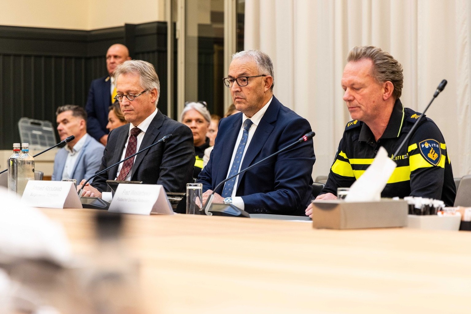 epa10888306 Rotterdam mayor Ahmed Aboutaleb (C) speaks during a press conference at the city hall about the shooting incidents in Rotterdam, Netherlands, 28 September 2023. The first shooting incident ...