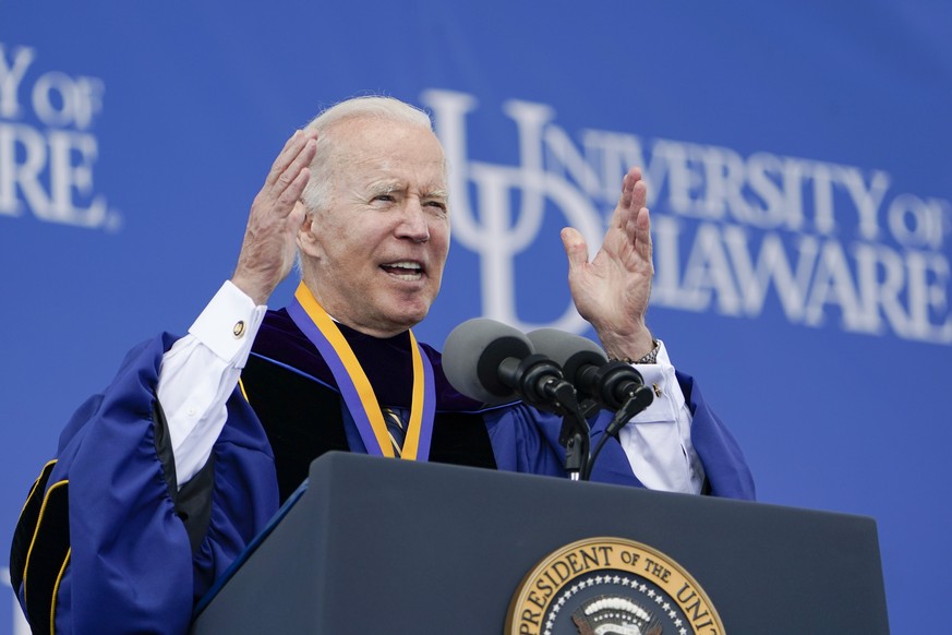 FILE - President Joe Biden speaks to the University of Delaware Class of 2022 during its commencement ceremony in Newark, Del., May 28, 2022. The FBI searched the University of Delaware in recent week ...