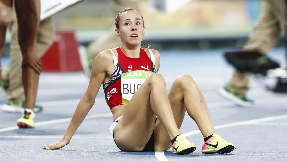 Switzerland's Selina Buechel reacts in the finish after the women's 800m semi final in the Olympic Stadium at the Rio 2016 Olympic Summer Games in Rio de Janeiro, Brazil, on Thursday, August ...