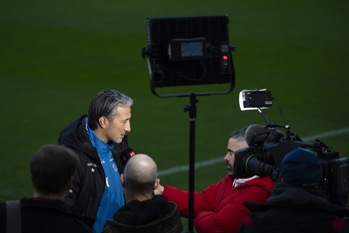 Switzerland's head coach Murat Yakin speaks during an interview one day before the UEFA Euro 2024 qualifying group I soccer match between Romania and Switzerland at the National Arena stadium in  ...