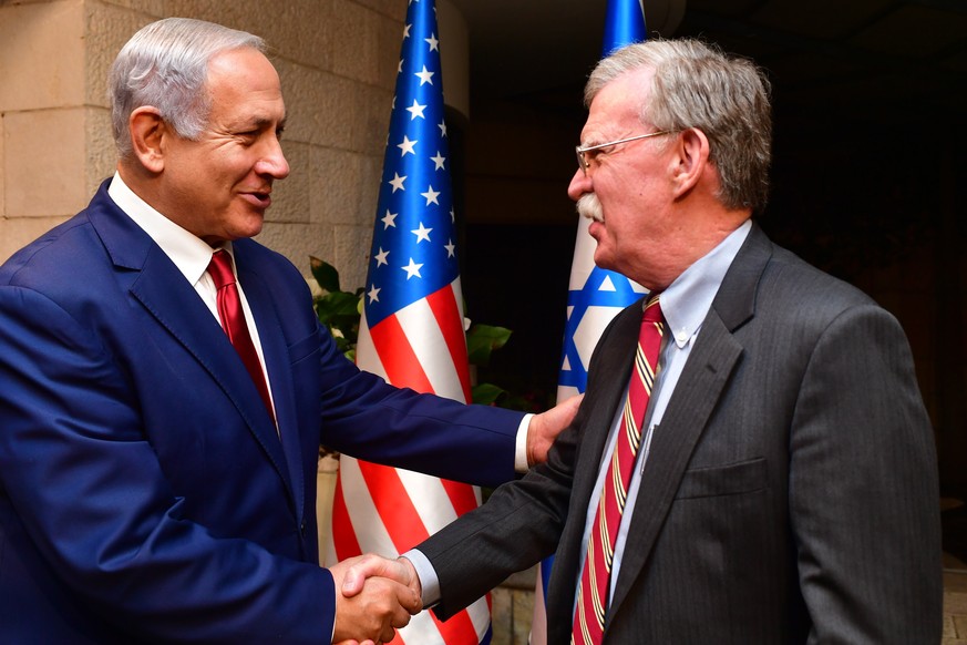 epa07265758 A handout photo made available by the Israeli Government Press Office (GPO) shows Israeli Prime Minister Benjamin Netanyahu (L) welcomes US White House National Security Adviser John Bolto ...